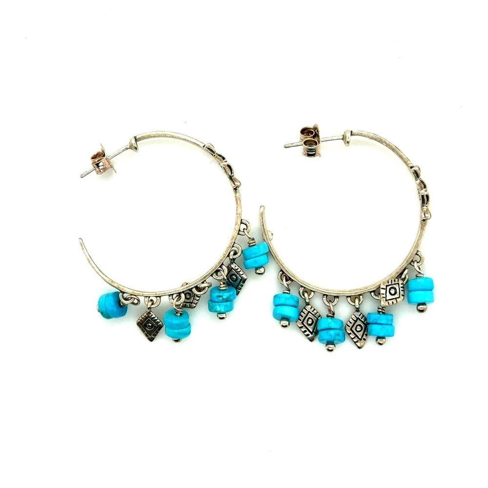 Silpada Sterling Silver Turquoise Bead Geometric Charm Hoop Earrings Boho